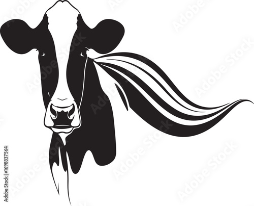 Stylized black and white silhouette of a holstein cow with a flowing mane