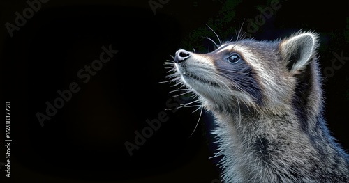 Close up of Raccoon With Grayish Fur Attentively Gazing Upward at Night