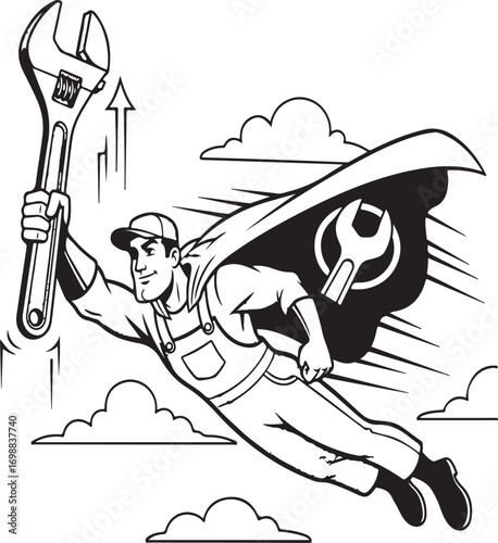 Superhero mechanic flying with giant wrench and cape symbolizing service
