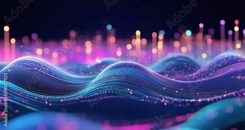 Abstract Digital Art Showing a Landscape With Waves of Blue and Pink Lights.