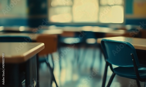 Classroom Environment With Empty Desks and Chairs in the Late Afternoon
