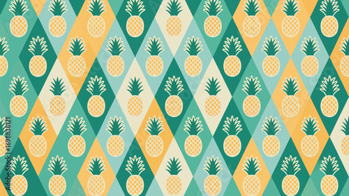 Tropical pineapple pattern design with teal, yellow, and cream diamonds for summer freshness