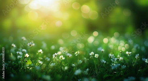 Small White Flowers Bloom in a Sunny Meadow During Spring Morning