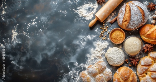 Dark Background With Fresh Bread, Dough, and Rolling Pin for Baking Process