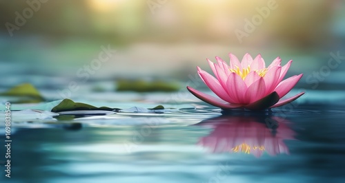 Pink Lotus Floats on Calm Water Surface, Casting Reflection in Tranquil Pond