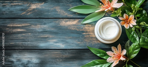 Close-up of Moisturizing Cream With Flowers and Leaves on Wooden Surface.