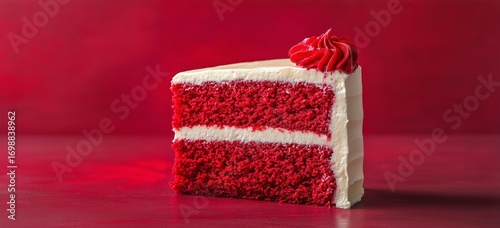 Slice of Delicious Red Velvet Cake With White Frosting Against Red Background
