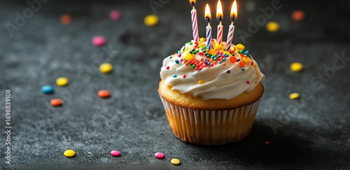 Vanilla Cupcake With Colorful Sprinkles and Birthday Candles on Dark Surface