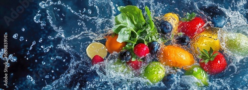 Colorful Fruits and Vegetables in Water With Splash Against Dark Background.