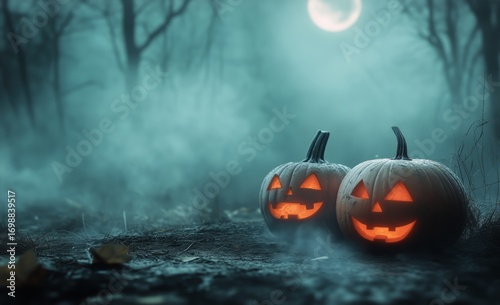 Two Pumpkins Sit on the Ground in a Dark Forest During the Halloween Season U...