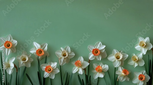 Bunch of White Narcissus Flowers With Yellow Centers on a Light Green Backgro...