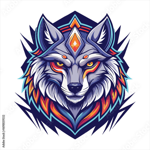 Fierce Tribal Wolf Head, Vibrant Vector Illustration, Mystical and Powerful Design