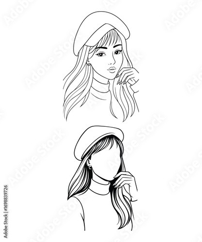 Fashion Woman Line Art Portrait with Stylish Beret Hat.