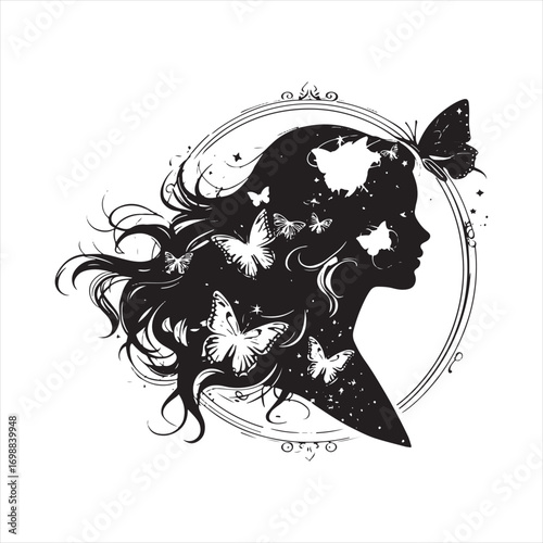 Elegant Black and White Woman Silhouette with Butterflies and Ornate Frame: Dreamy, Feminine Design