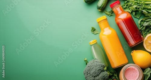Colorful Assortment of Healthy Vegetable Juices and Fruits on Green Background
