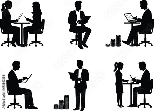 Business People Silhouettes Working on Laptops, Tablets, and Charts with Coins – Office Finance Concept Vector Illustration Set
