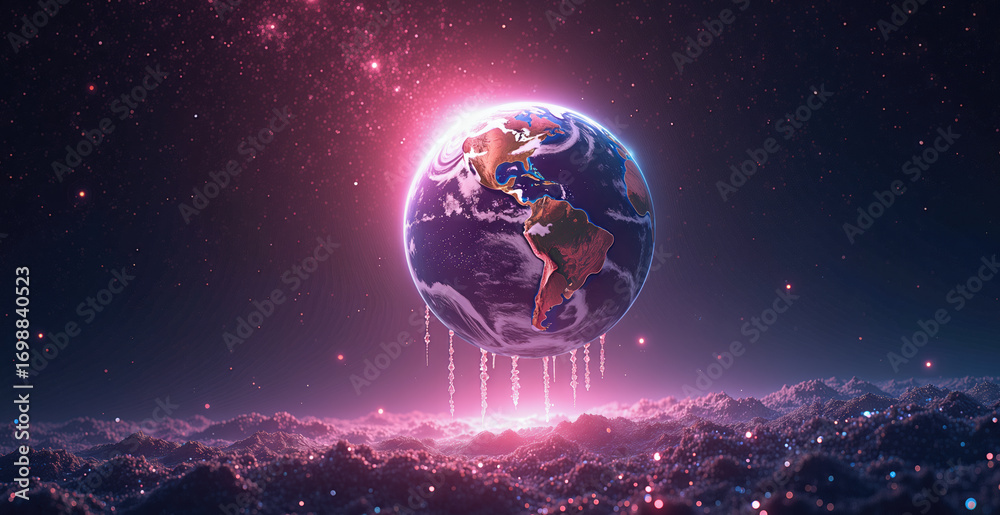 Fototapeta premium Glowing Neon Earth Floating in Cosmic Space