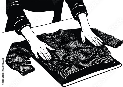 Hands folding sweater on table, black and white vector illustration of laundry care, clothing organization, and fabric handling process.