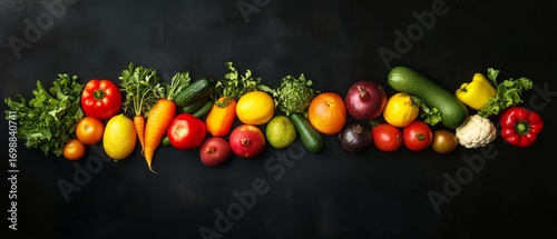 Assortment of Fresh Vegetables and Fruits Arranged on a Dark Surface, Ready t...