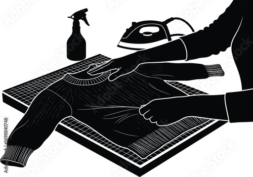 Hands reshaping wool sweater using steam and spray bottle on blocking board, garment care flat vector for laundry ironing concept.