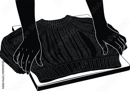 Hands Folding Knitted Sweater Neatly – Black and White Vector Illustration for Laundry, Clothing Care, Storage, or Retail Display Concepts