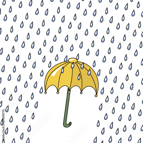A yellow umbrella with a cane rod handle under the rain. Vector illustration is highlighting the contrast between the yellow umbrella and the blue raindrops.