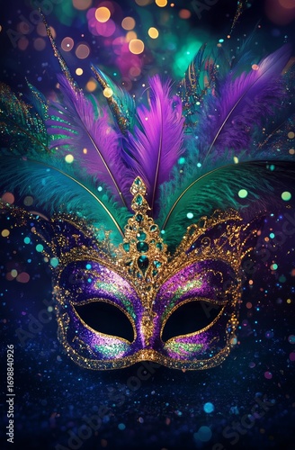 Glittering Mardi Gras Mask With Colorful Feathers for a Festive Carnival Cele...