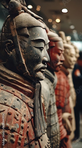 Collection of ancient warrior statues displayed in a museum showcasing historical craftsmanship and artistry