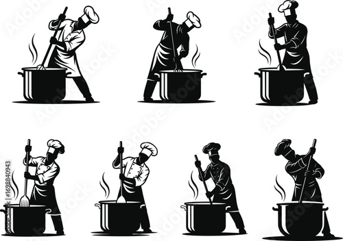 Professional chefs cooking with large pots, stirring soup or stew in kitchen, restaurant culinary vector illustration in black silhouette.
