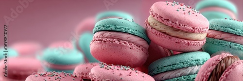 Colorful macarons arranged in a delightful stack for a dessert display at a pastry shop