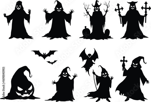 Scary Halloween Silhouette Vector Set with Grim Reapers, Ghosts, Bats, Pumpkins, Crosses, and Creepy Characters for Spooky Designs