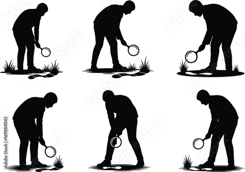 Silhouette detective inspecting footprints with magnifying glass, crime investigation and mystery solving concept in vector illustration set.