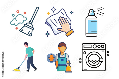 Cleaning and housekeeping icons set, cleaning supplies and equipment icons