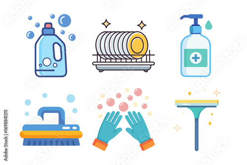 Cleaning and dishwashing icons vector illustration