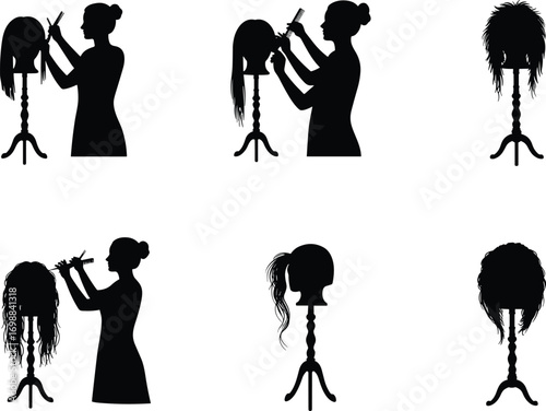 Silhouette of hairstylist working on mannequin heads with wigs, showcasing hairdressing, styling skills, salon training, and cosmetology education.
