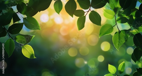 Lush Green Leaves Frame a Sunny Morning Sky in a Natural Outdoor Scene