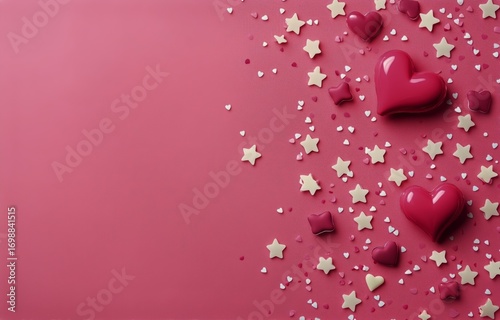 Sweet Hearts and Stars Scattered on a Pink Surface Create an Appealing Backgr...
