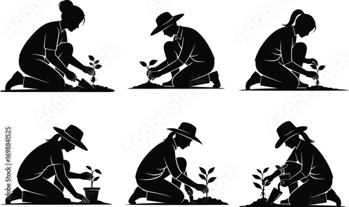Silhouette people planting young plants in garden, gardening activity, agriculture concept, woman and man working in soil illustration.