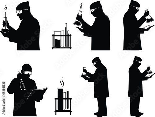 Silhouette Scientists Conducting Experiments with Lab Equipment and Glassware in Laboratory Setting – Chemistry and Science Vector Illustration