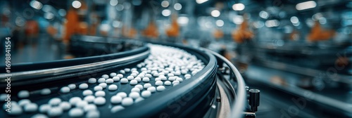 Production line transporting small white pills during manufacturing process in a pharmaceutical facility