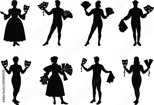Silhouette Vector of Theater Performers with Masks and Fans, Acting and Drama Art Elements for Stage Performance and Costume Design