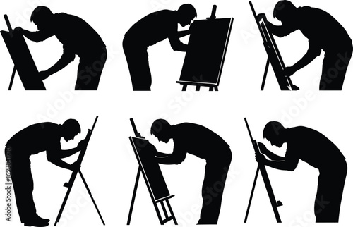 Silhouettes of man drawing or sketching on easel in various artistic poses, artist figure working on creative illustration.