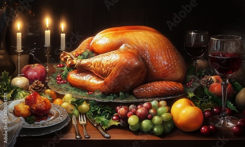 Roasted Turkey on Decorative Platter With Fruit, Candles, and Red Wine for Th...
