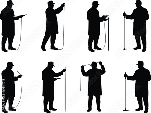 Silhouettes of engineers or surveyors using measuring instruments, working with tools in construction, inspection, or technical field vector illustration.