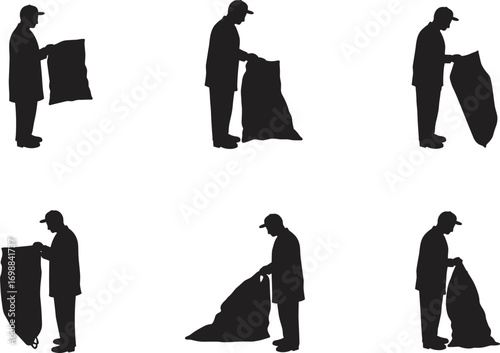 Silhouettes of man holding garbage bag in various cleaning poses, sanitation worker vector set for waste disposal or recycling concepts.