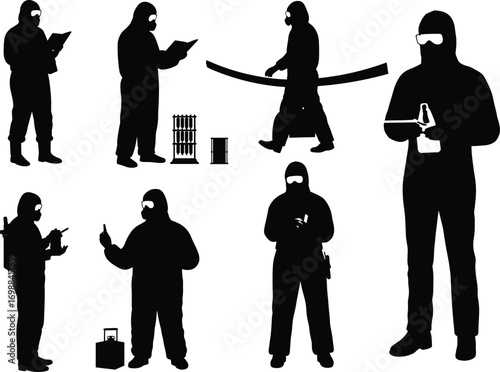 Silhouettes of Multiple Personnel Wearing Protective Hazmat and Chemical Safety Suits in Various Actions for Industrial Vector Illustration