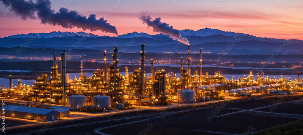 Obraz premium Illuminated Oil Refinery at Dusk with Smokestacks and Mountains