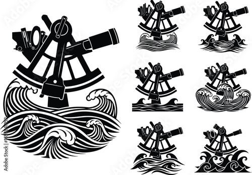 Vintage nautical sextant illustration with ocean waves, maritime navigation tool design, sea adventure emblem, black and white vector graphic.