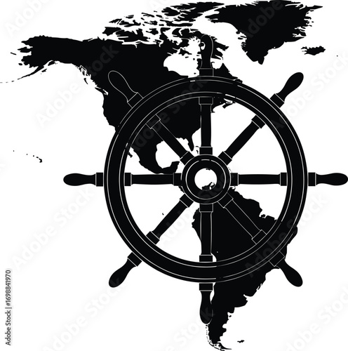 Vintage ship wheel overlay on North and South America map silhouette, nautical exploration concept, black and white vector illustration.