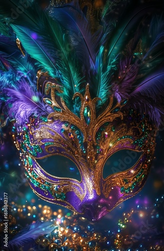 Gorgeous Mardi Gras Venetian Mask With Purple and Teal Feathers Sparkles.